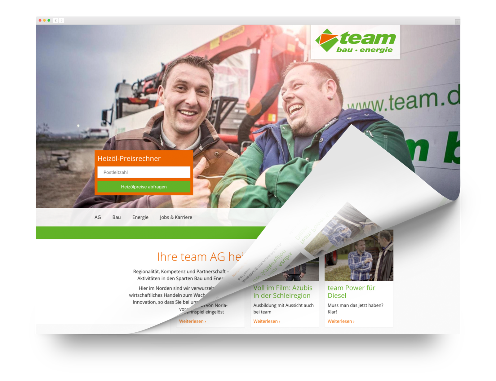 Visualisierung der Startseite der neuen team AG Website 
