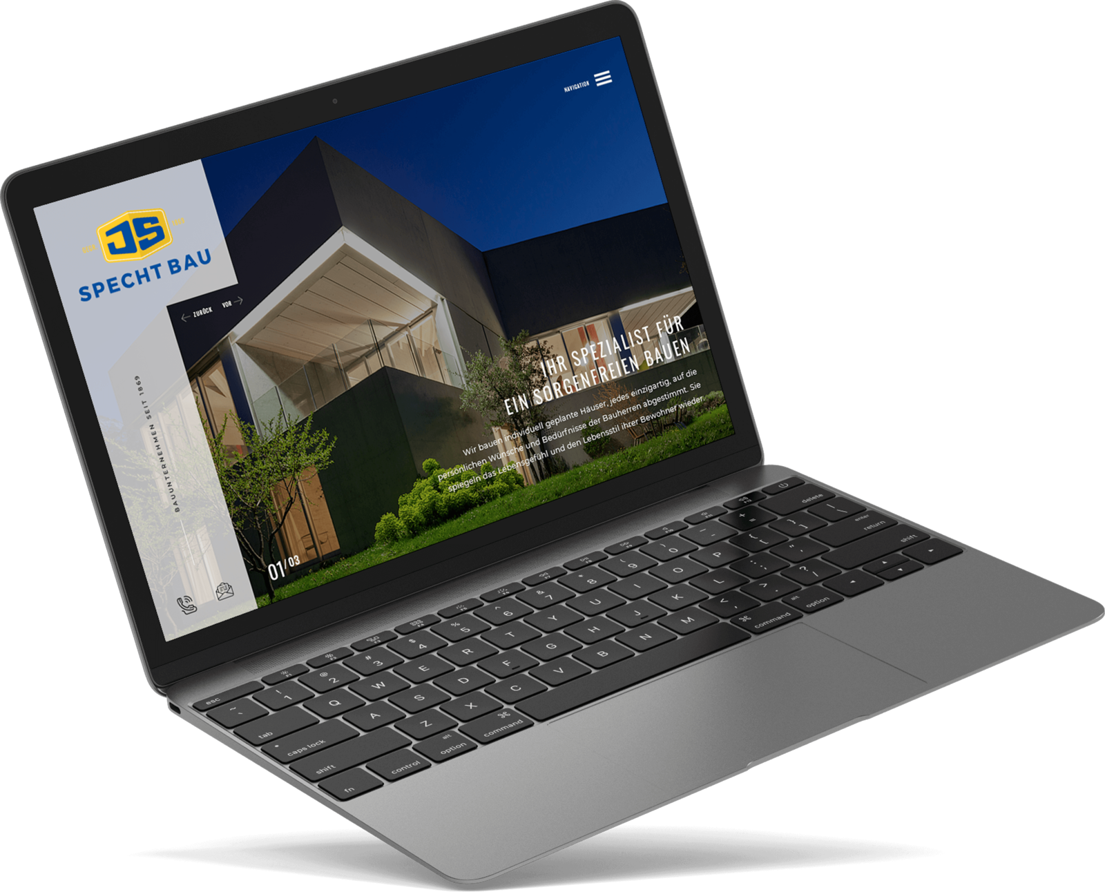 Laptop mit Startseite der Homepage von Specht Bau von Frei & Förmlich bei Flensburg in Schleswig-Holstein