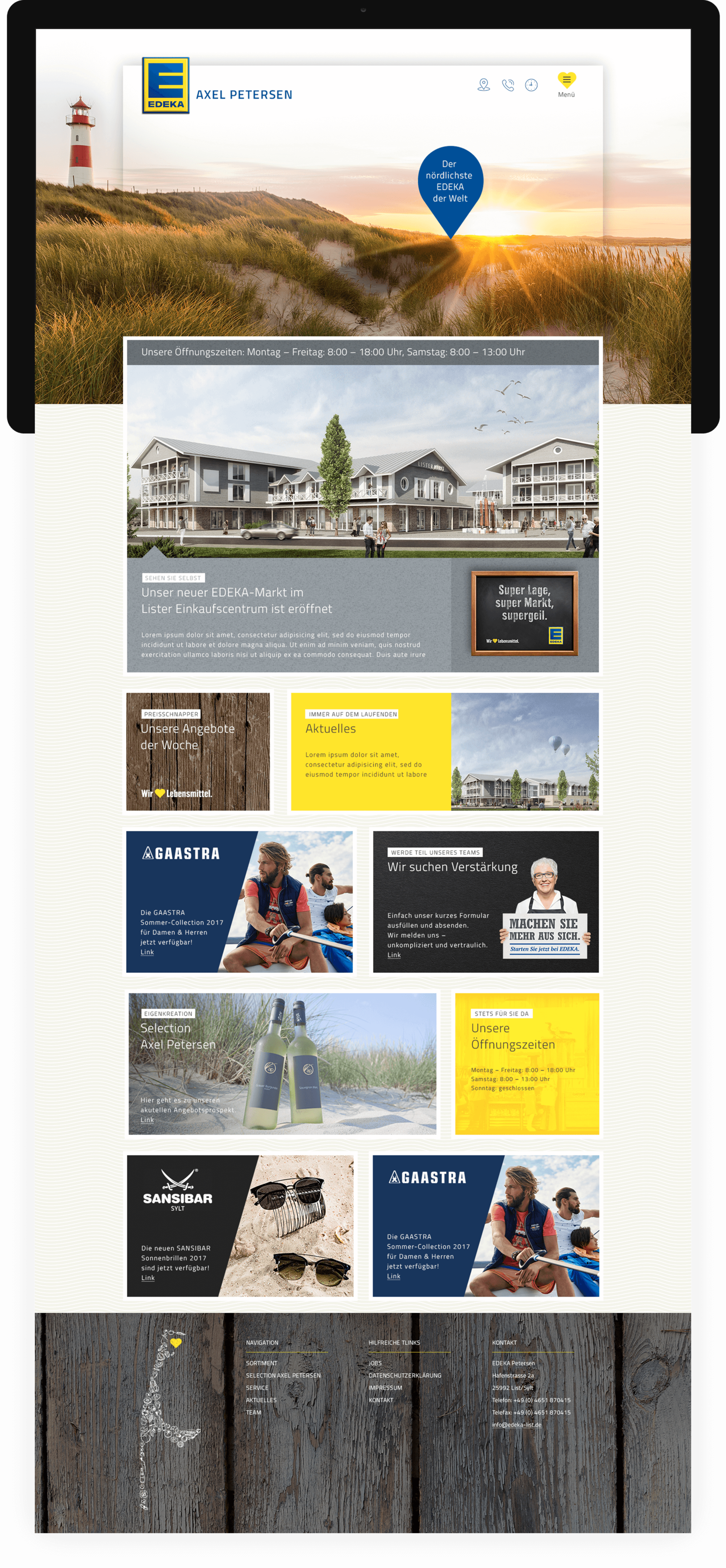Startseite der Homepage für Edeka Sylt List mit Headgrafik und Teaser