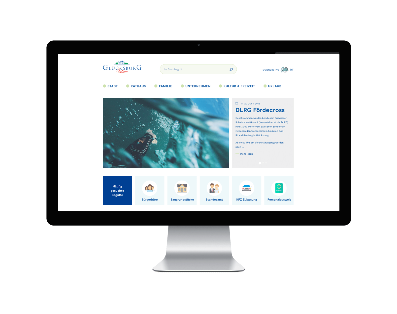 Moderne und responsiv optimierte Webseite für einen modernen und zeitgemässen Internetauftritt der Stadt Glücksburg.