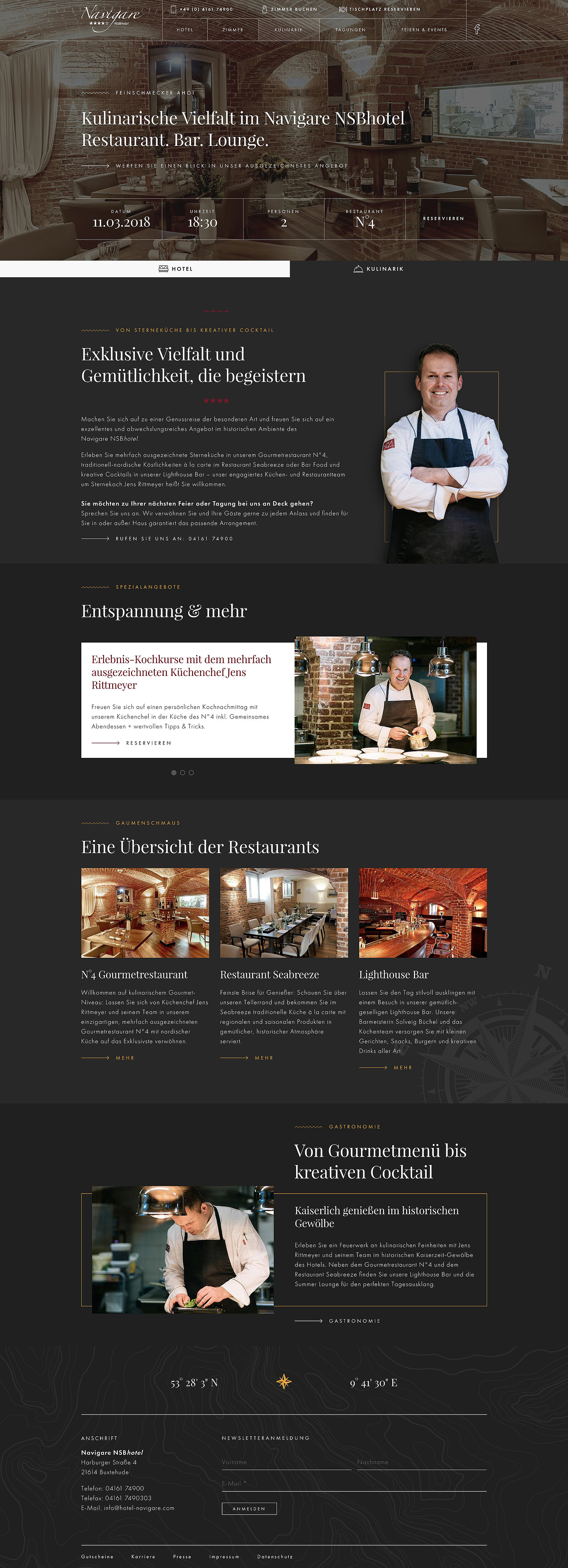 Website in edlen Anthrazit gehalten für das Restaurant im Hotel Navigare aus Buxtehude mit Jens Rittmeyer