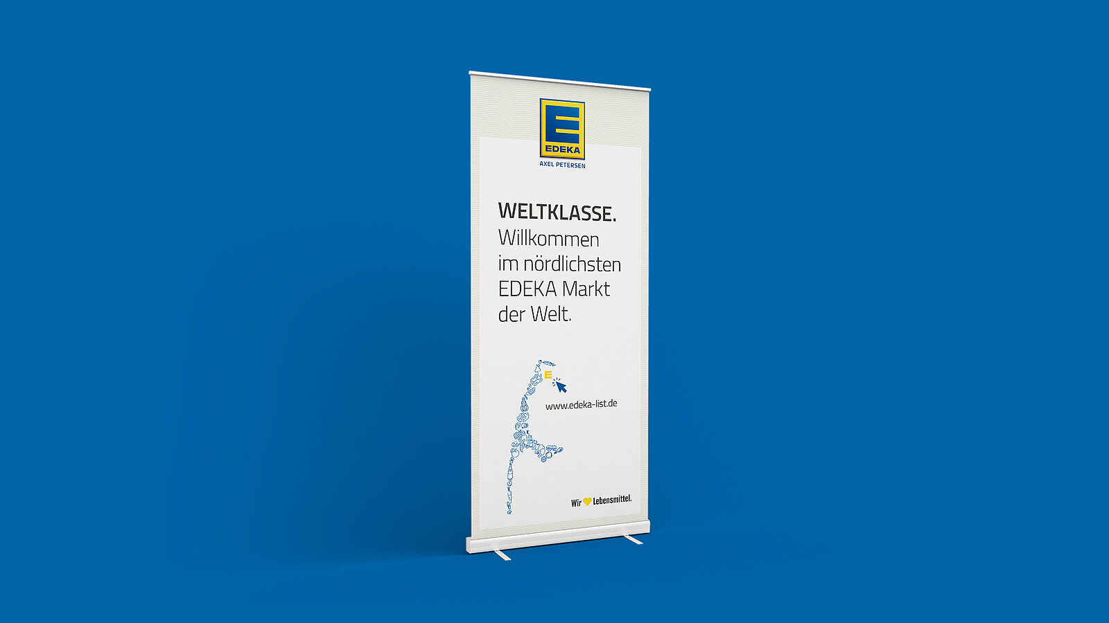 Gestaltetes Rollup auf blauen Hintergrund vom nördlichsten Edeka der Welt auf Sylt