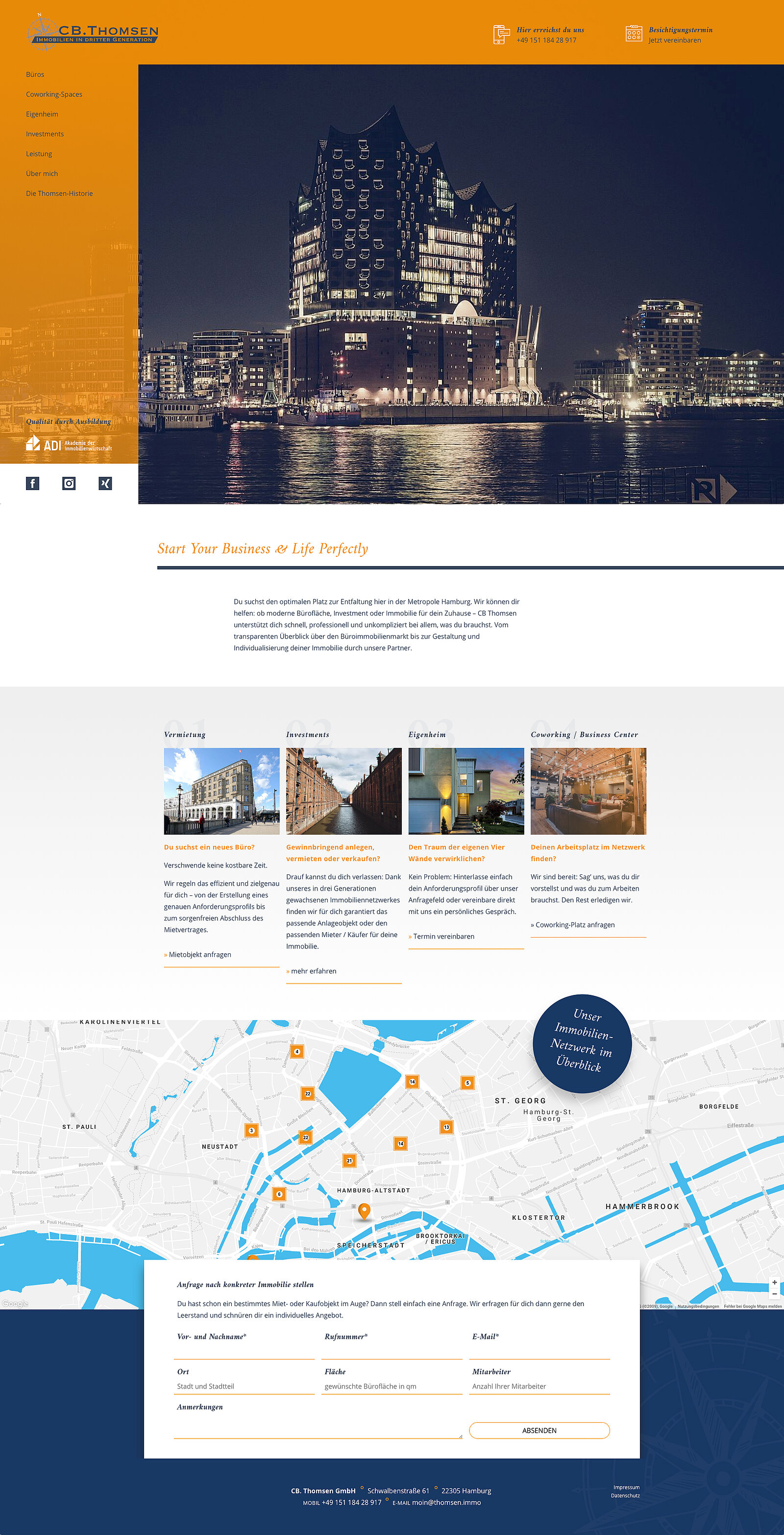 Moderne Homepage mit Elbharmonie als Bildslider mit Einleitungstext, Teaserboxen, Google Maps Karte und einem hübschen und unkomplizierten Kontaktformular zur schnellen Möglichkeit Nachrichten zu verschicken.